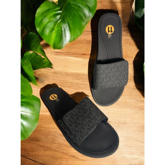 Michael Kors Shoes - Size 11 Women MK Michael Kors Wade MK Logo Slide Sandals MK Black Gray Slip On